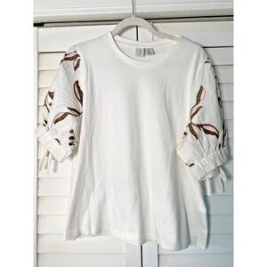 NEW Joie White Top Embroidered Puff Bow Tie Sleeve, Cotton Flax, Boho, Office L